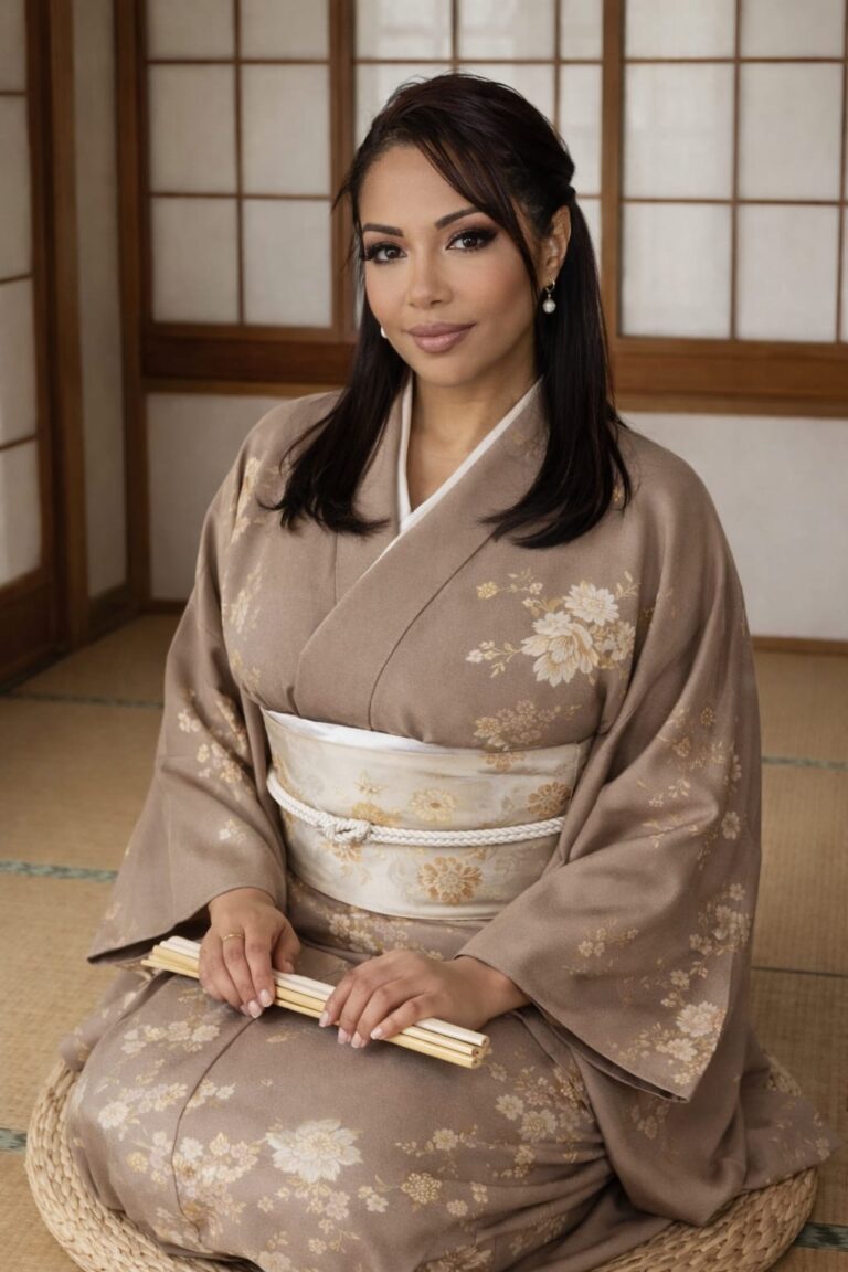 Mulher de quimono sentada numa sala japonesa com portas shoji