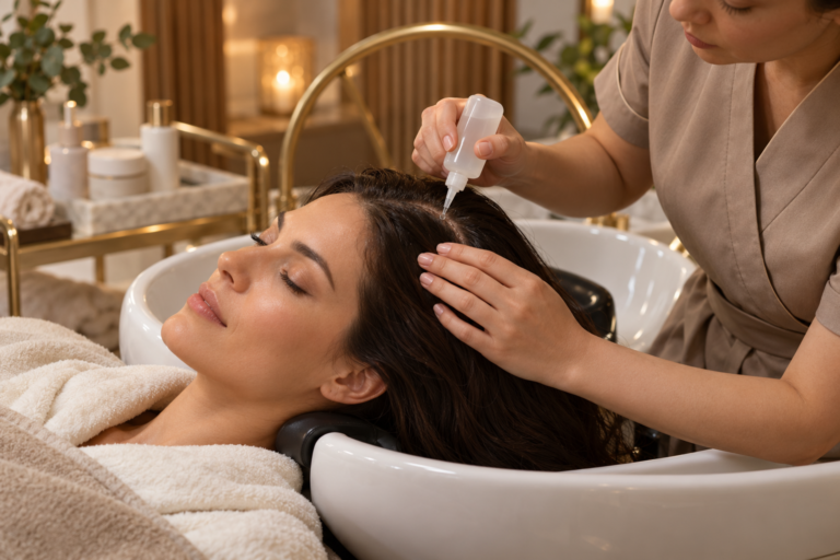 Oil applied to the scalp at a basin with a golden arch